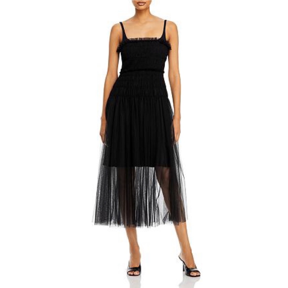 NWT Rebecca Taylor Black spaghetti strap Smocked Ruched Tulle Dress